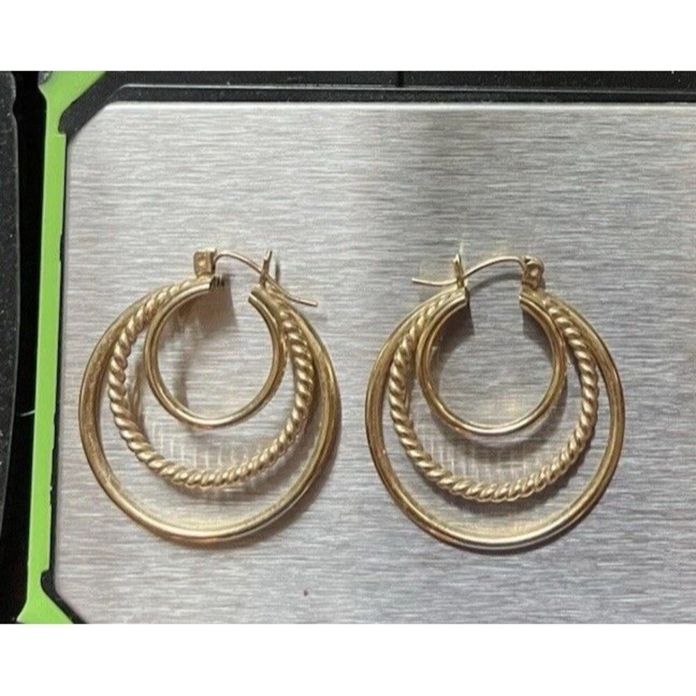 Vintage 14k Yellow Gold Triple Hoop Loop Earrings 3 Hoop Textured 4.3g Grams